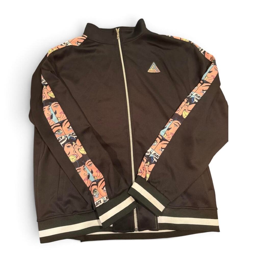 Black Pyramid Comic Print Track Jacket 2XL | Full Zip Streetwear Jacket | Black